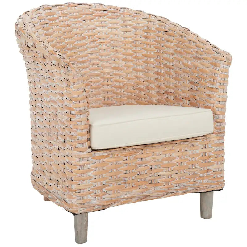British Colonial Woven Rattan Barrel Chair with Cushion - 29W x 27D x 33H in.
