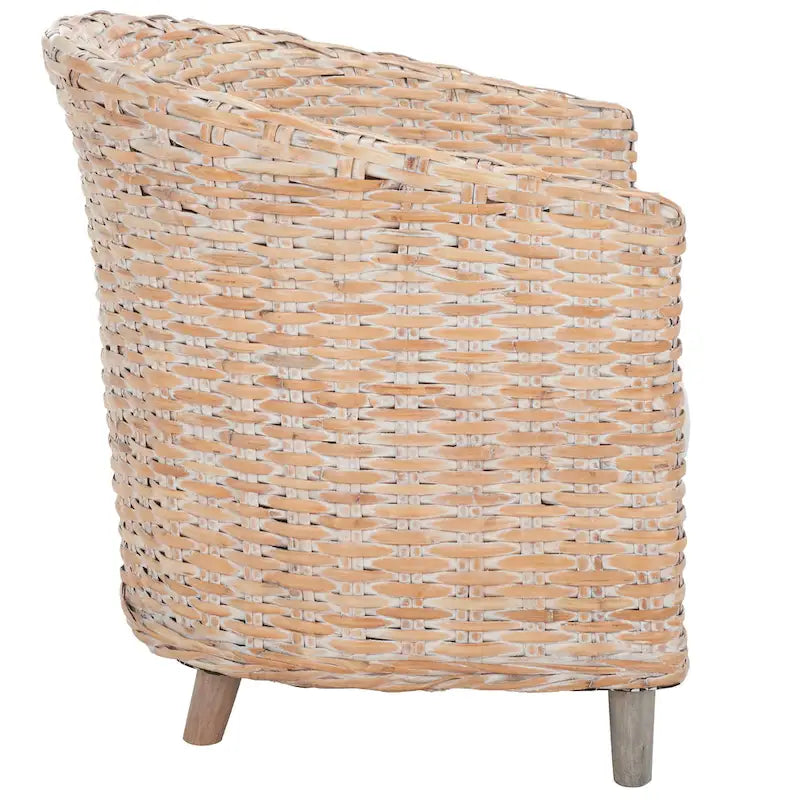 British Colonial Woven Rattan Barrel Chair with Cushion - 29W x 27D x 33H in.