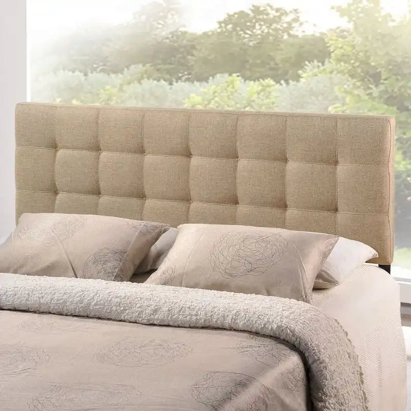 King Size Beige Fabric Upholstered Mid-Century Headboard with Button Tufting