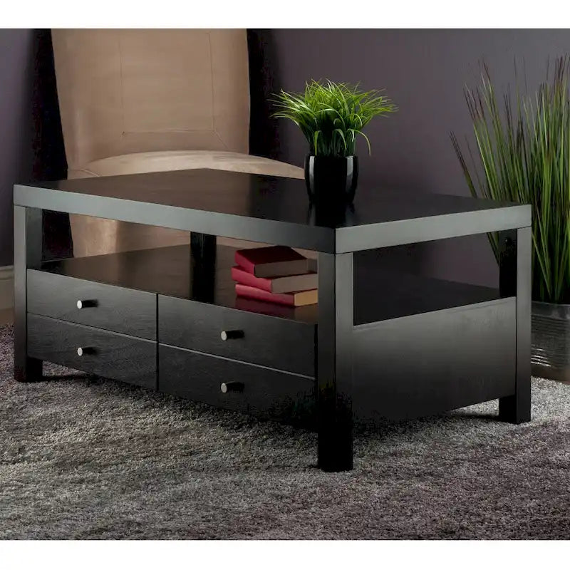 Scandinavian-Style Coffee Table with 2 Drawers and Shelf - Espresso
