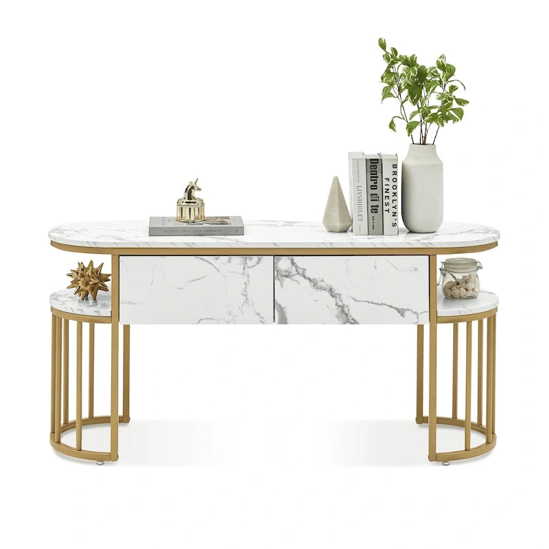 White Faux Marble Console Table with Gold Metal Frame and 2 Open Shelves