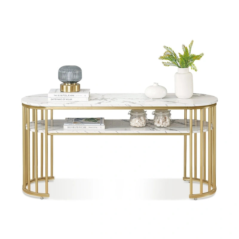 White Faux Marble Console Table with Gold Metal Frame and 2 Open Shelves