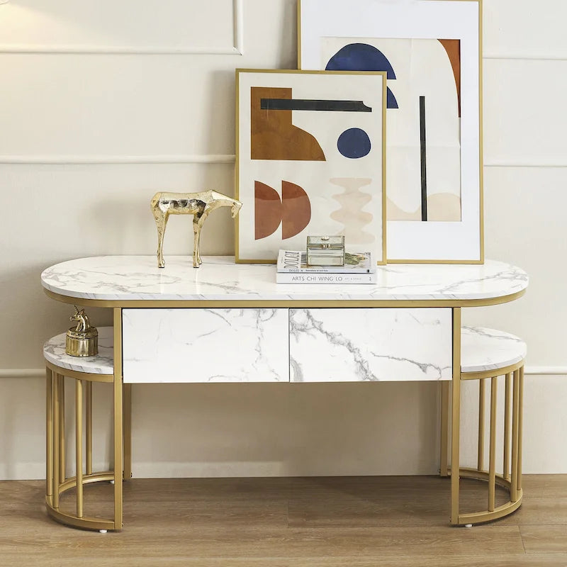 White Faux Marble Console Table with Gold Metal Frame and 2 Open Shelves