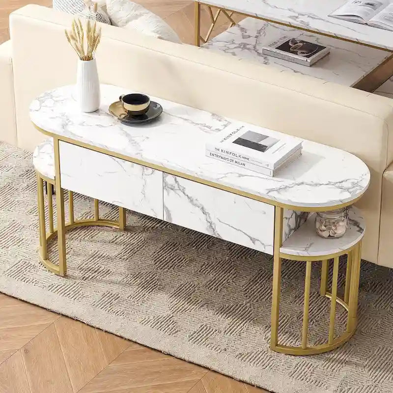 White Faux Marble Console Table with Gold Metal Frame and 2 Open Shelves