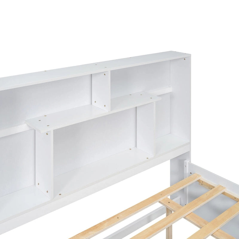 Queen Size Platform Bed with 4-Shelf Storage Headboard and 2 Under-Bed Drawers
