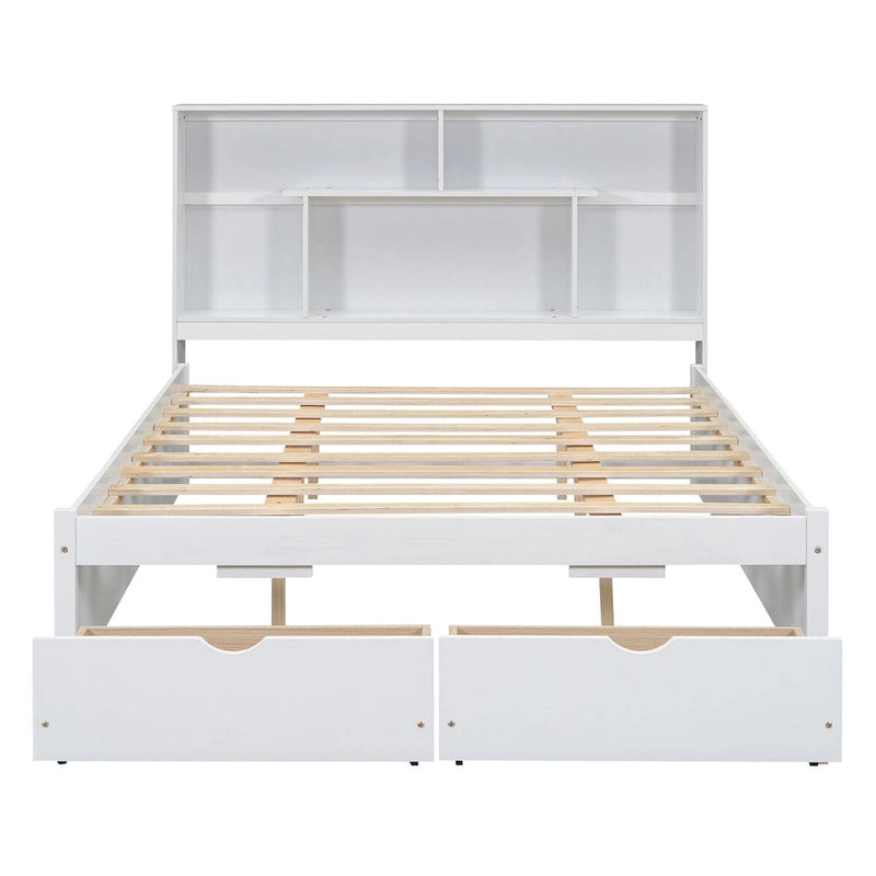 Queen Size Platform Bed with 4-Shelf Storage Headboard and 2 Under-Bed Drawers