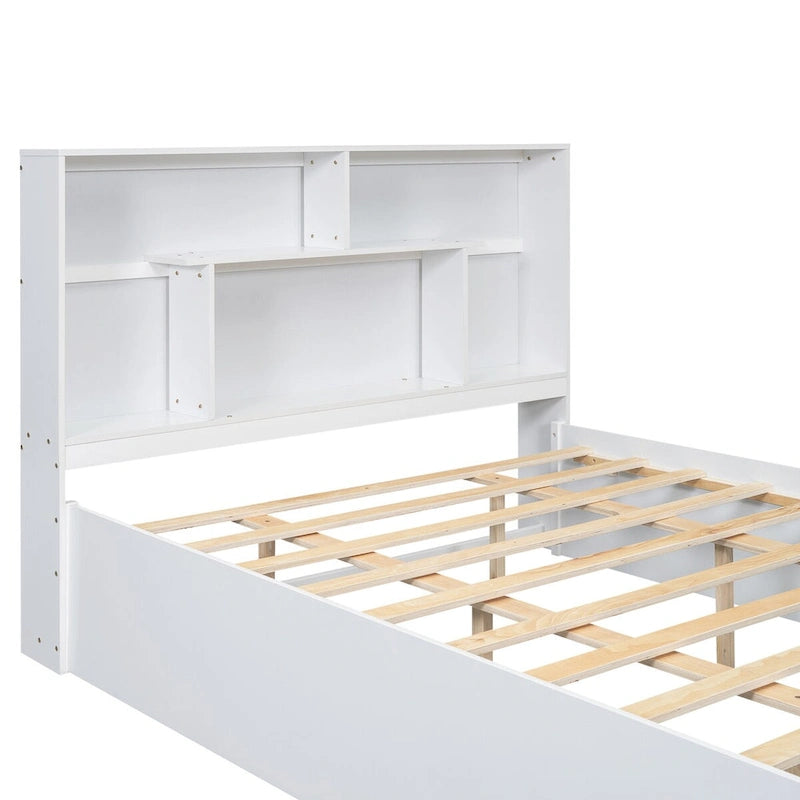 Queen Size Platform Bed with 4-Shelf Storage Headboard and 2 Under-Bed Drawers