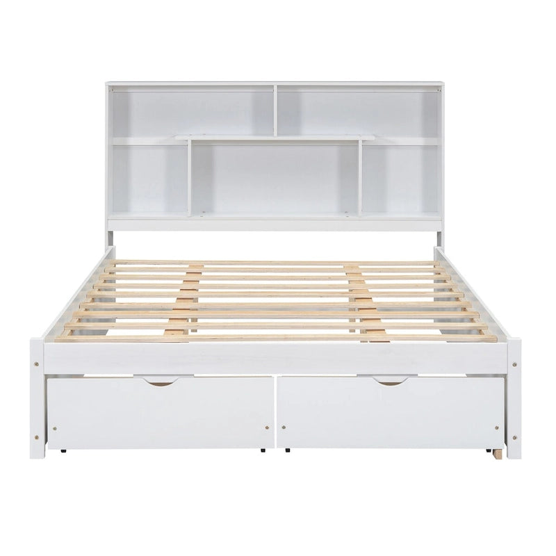 Queen Size Platform Bed with 4-Shelf Storage Headboard and 2 Under-Bed Drawers