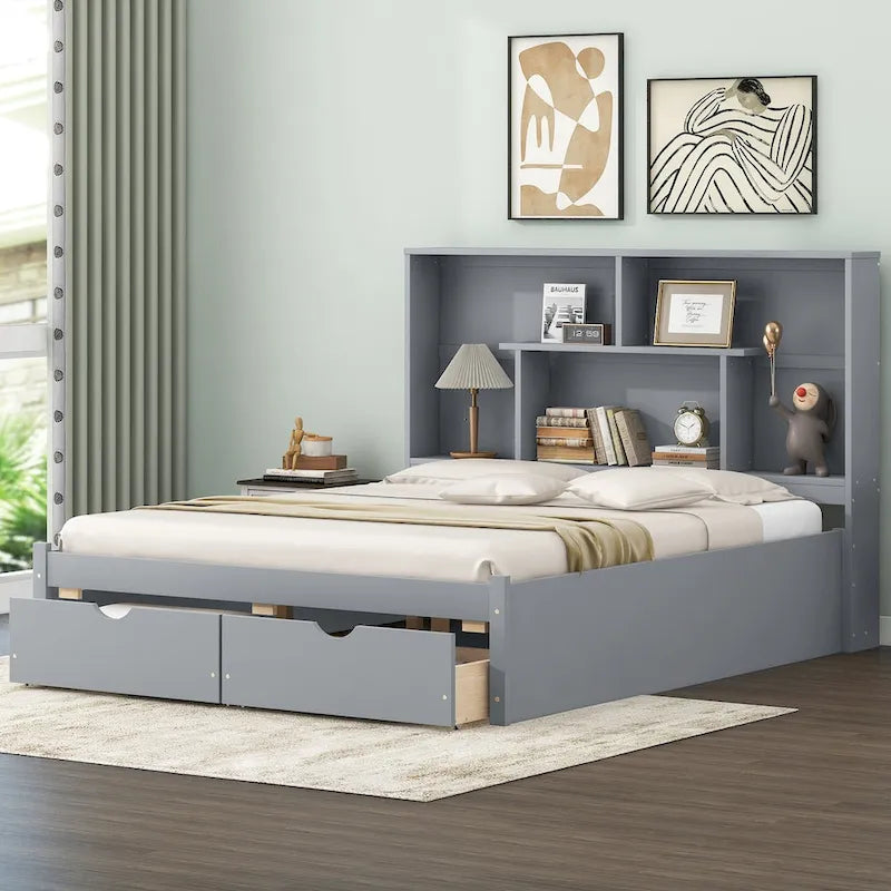 Queen Size Platform Bed with 4-Shelf Storage Headboard and 2 Under-Bed Drawers