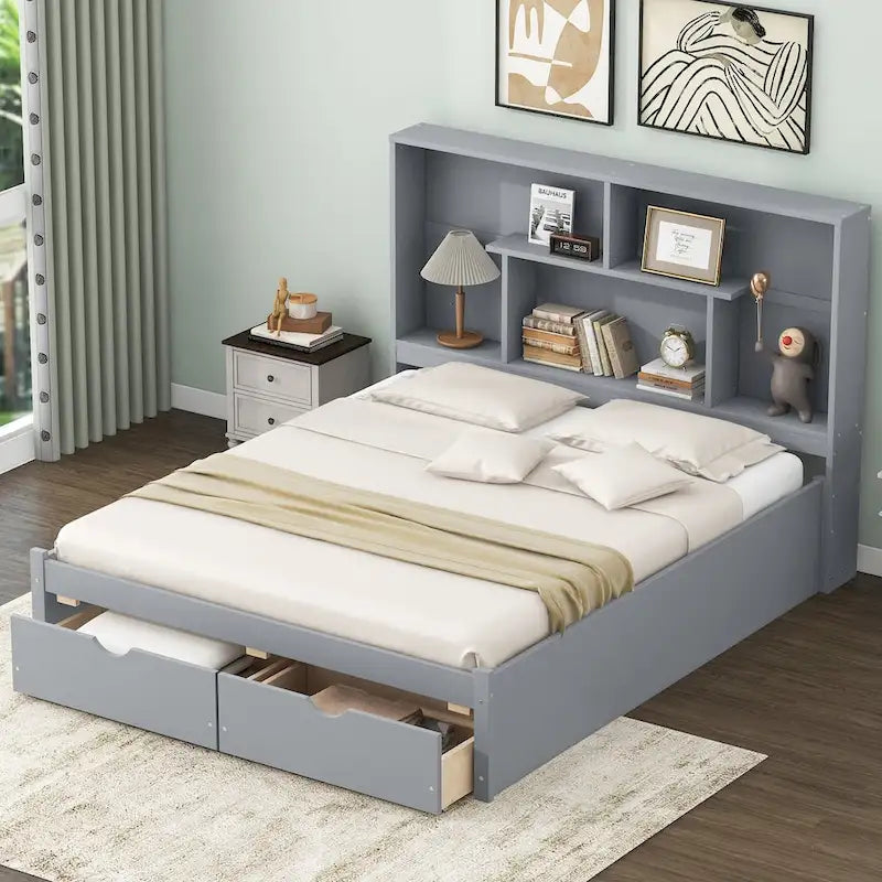 Queen Size Platform Bed with 4-Shelf Storage Headboard and 2 Under-Bed Drawers