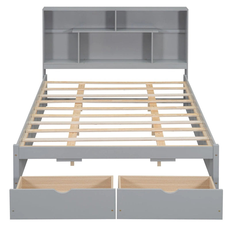 Queen Size Platform Bed with 4-Shelf Storage Headboard and 2 Under-Bed Drawers