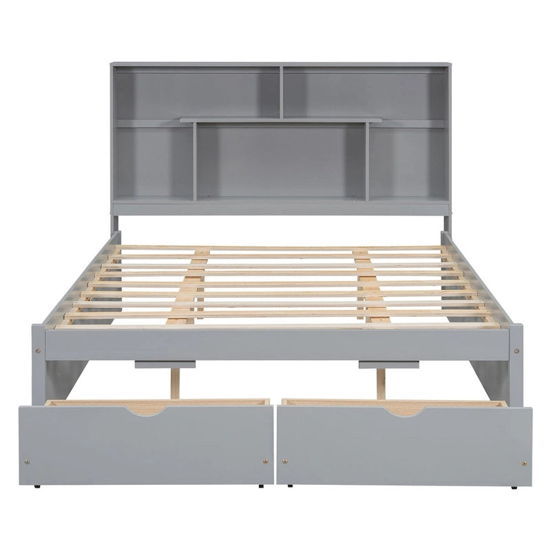 Queen Size Platform Bed with 4-Shelf Storage Headboard and 2 Under-Bed Drawers