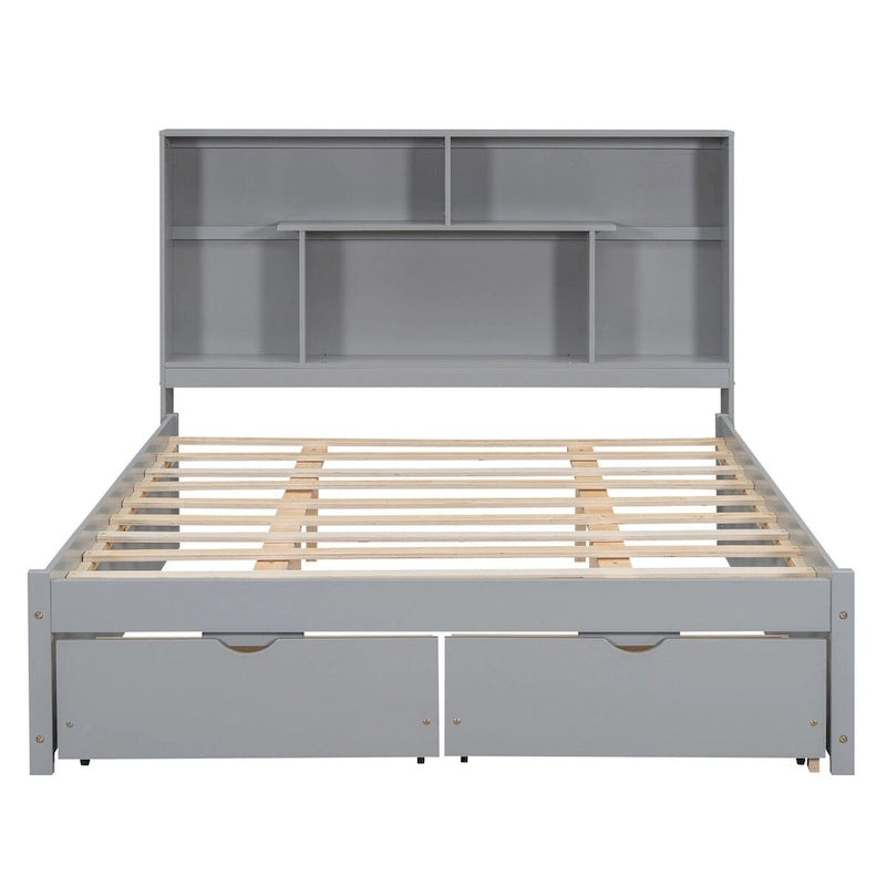 Queen Size Platform Bed with 4-Shelf Storage Headboard and 2 Under-Bed Drawers
