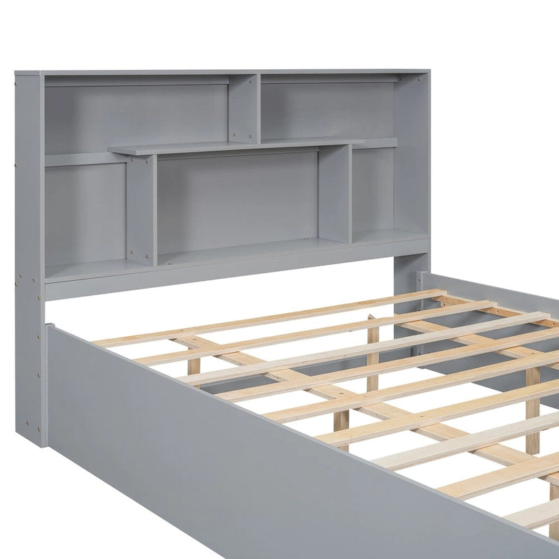Queen Size Platform Bed with 4-Shelf Storage Headboard and 2 Under-Bed Drawers