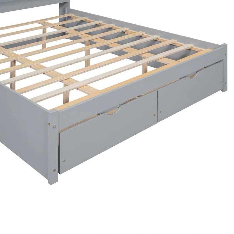 Queen Size Platform Bed with 4-Shelf Storage Headboard and 2 Under-Bed Drawers