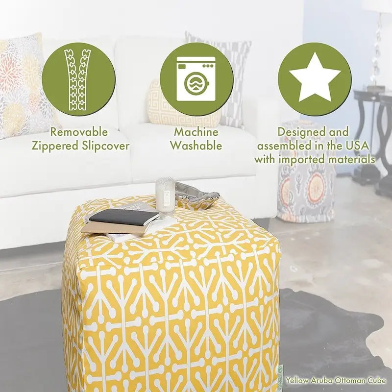 Indoor Ottoman Pouf Cube with Elephant Print and Washable Cover - 17x17 in.