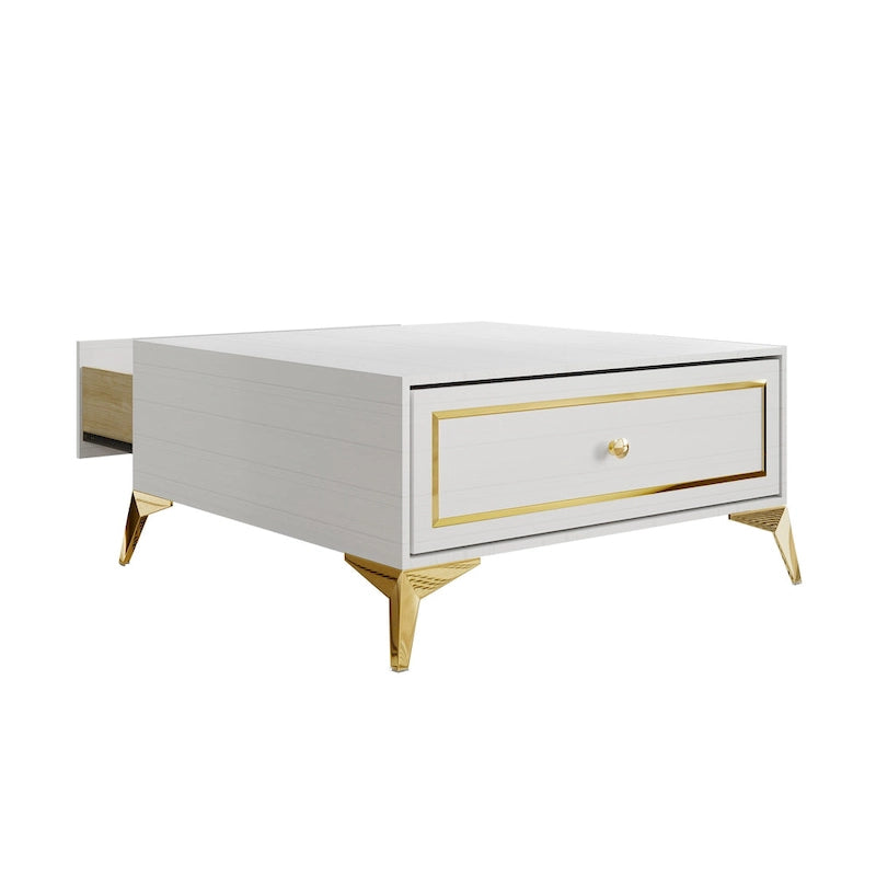 Modern Square Coffee Table with Drawer and Gold Handles - 31.72 in.