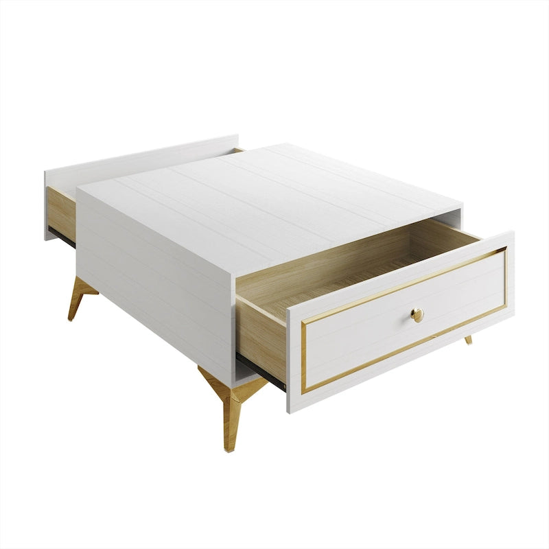 Modern Square Coffee Table with Drawer and Gold Handles - 31.72 in.