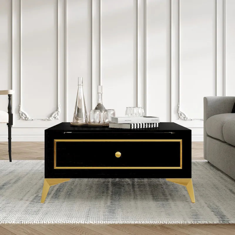 Modern Square Coffee Table with Drawer and Gold Handles - 31.72 in.