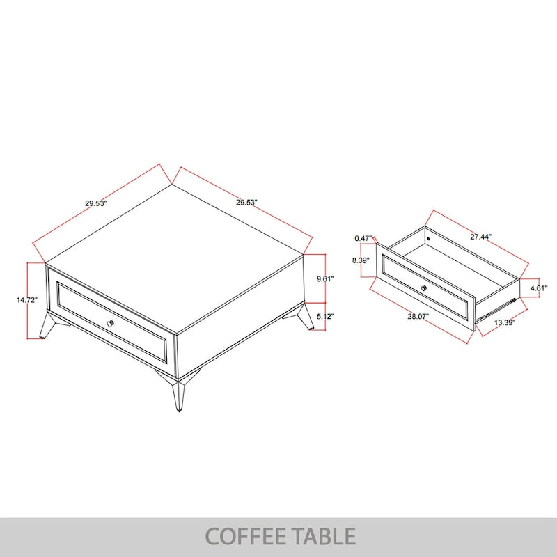 Modern Square Coffee Table with Drawer and Gold Handles - 31.72 in.