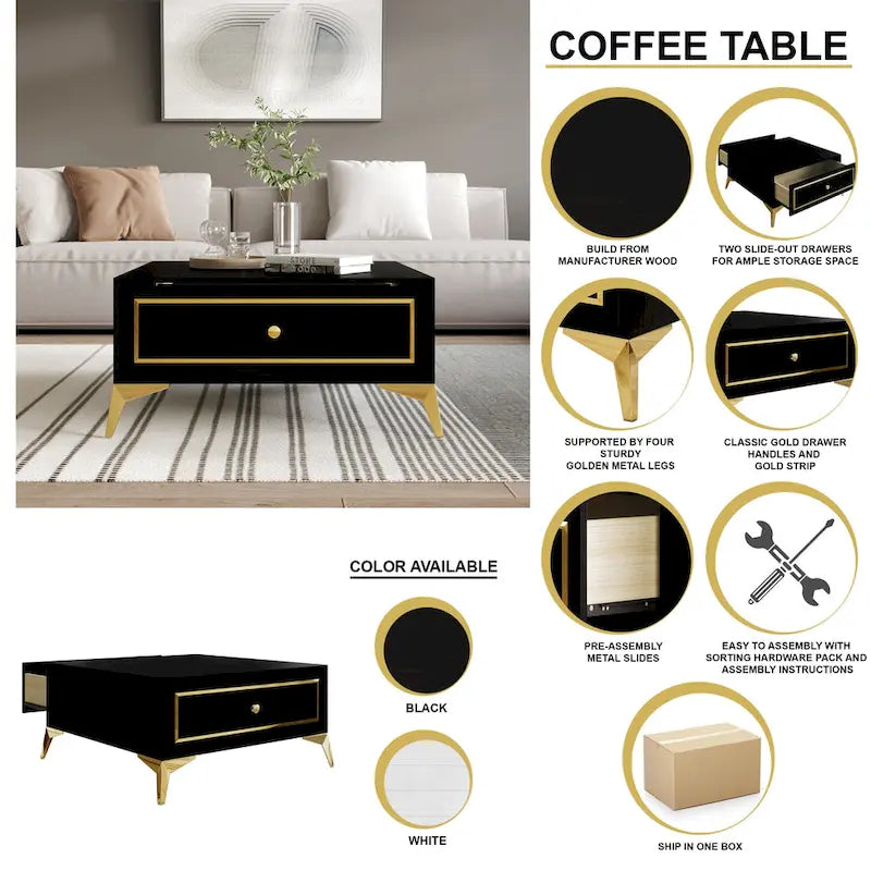 Modern Square Coffee Table with Drawer and Gold Handles - 31.72 in.