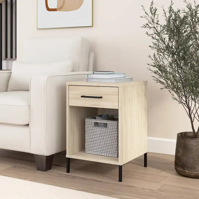 Table d'appoint de salon avec tiroir, étagère fixe et pieds en acier