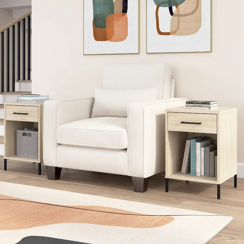 Living Room End Table with Drawer, Fixed Shelf, and Steel Feet