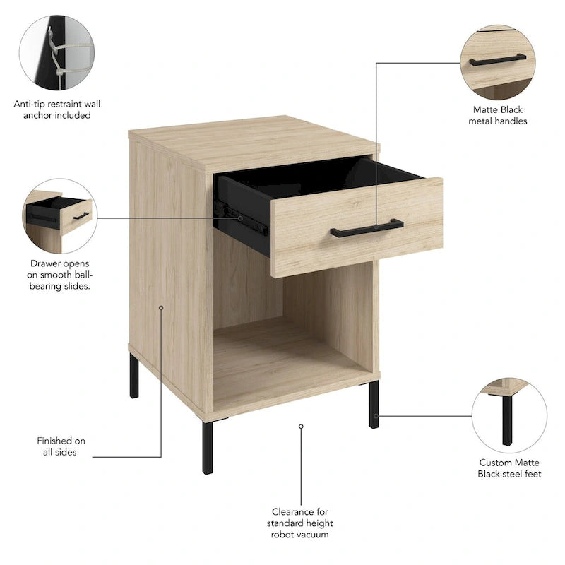 Living Room End Table with Drawer, Fixed Shelf, and Steel Feet