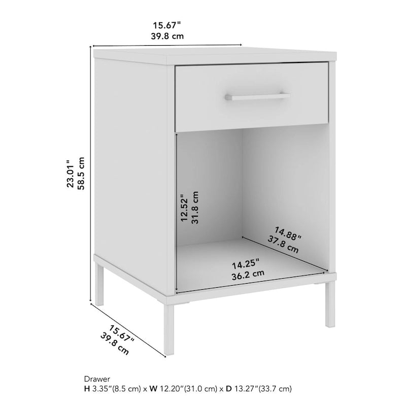 Living Room End Table with Drawer, Fixed Shelf, and Steel Feet