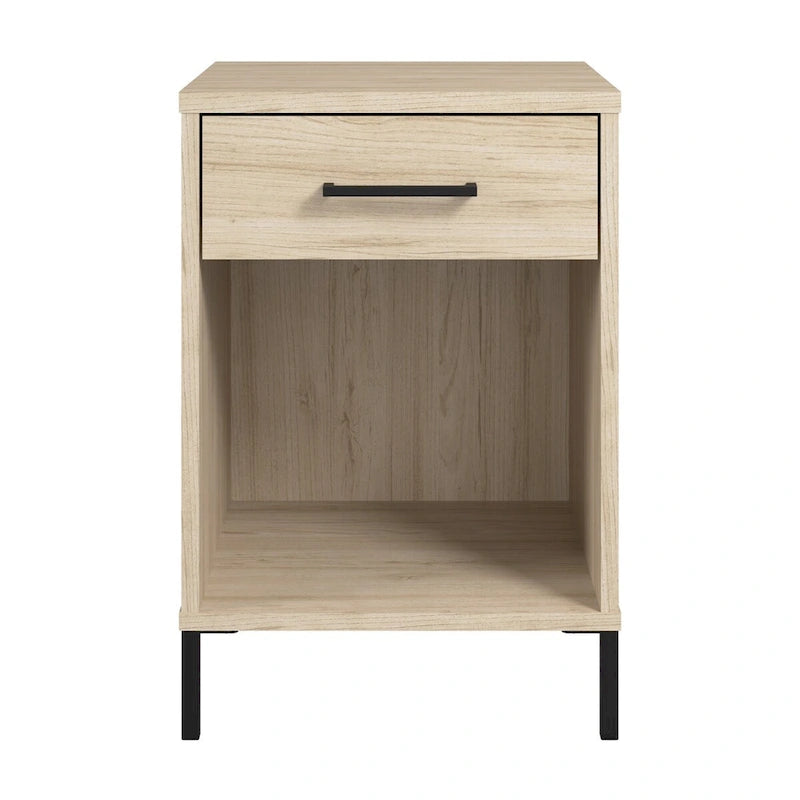 Table d'appoint de salon avec tiroir, étagère fixe et pieds en acier