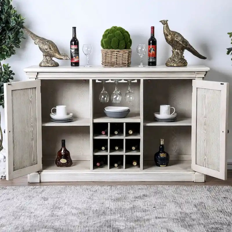 Rustic Farmhouse Buffet Server with Barn Door Cabinets, Wine Rack, and Stemware Storage - Antique White