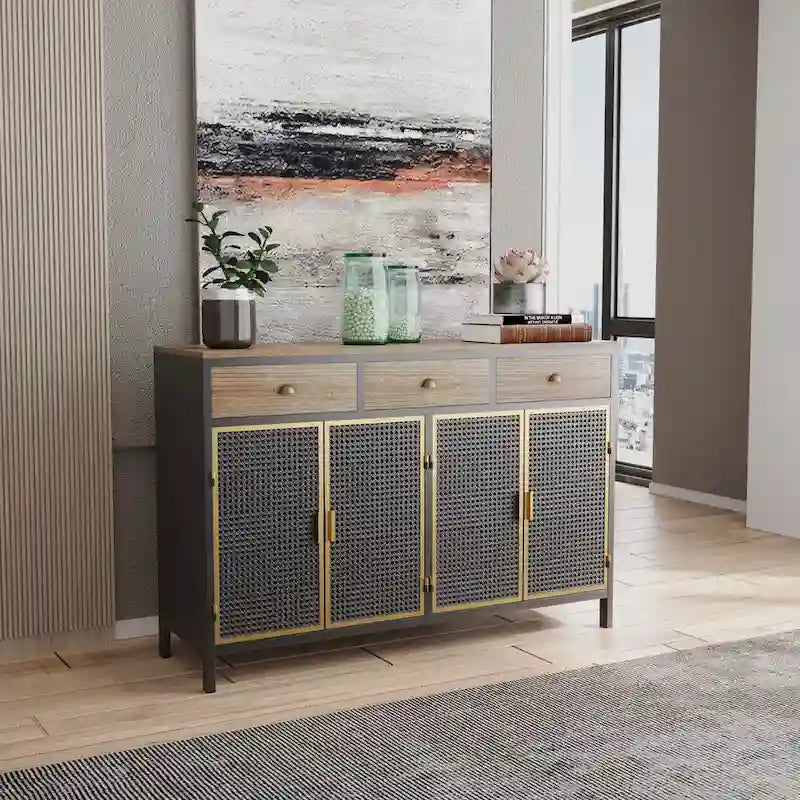Dark Gray Sideboard with 3 Drawers and Cabinets - Iron and Wood, 2 or 4 Door