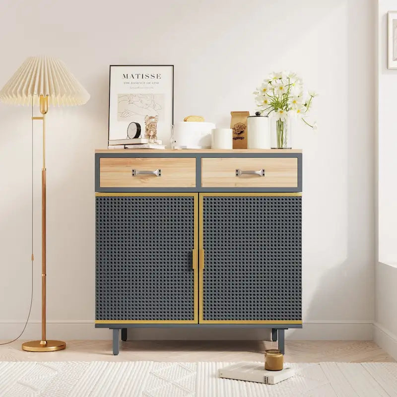 Dark Gray Sideboard with 3 Drawers and Cabinets - Iron and Wood, 2 or 4 Door