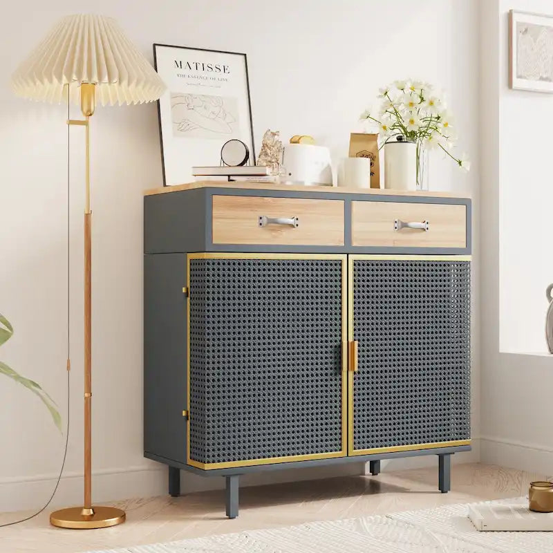 Credenza grigio scuro con 3 cassetti e vani, in ferro e legno, con 2 o 4 ante