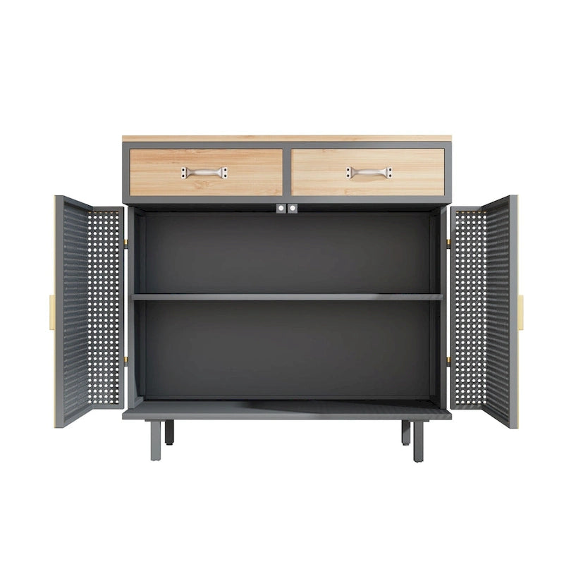 Credenza grigio scuro con 3 cassetti e vani, in ferro e legno, con 2 o 4 ante