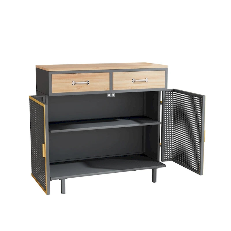 Credenza grigio scuro con 3 cassetti e vani, in ferro e legno, con 2 o 4 ante