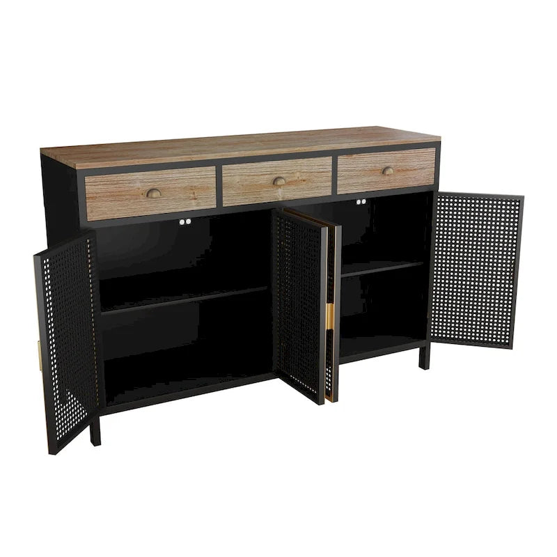 Credenza grigio scuro con 3 cassetti e vani, in ferro e legno, con 2 o 4 ante