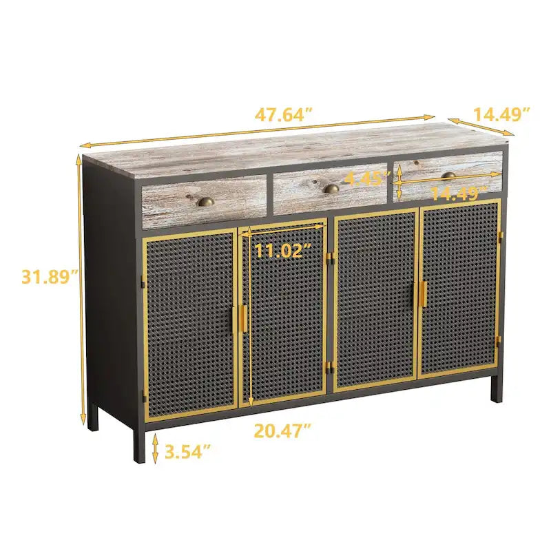 Credenza grigio scuro con 3 cassetti e vani, in ferro e legno, con 2 o 4 ante