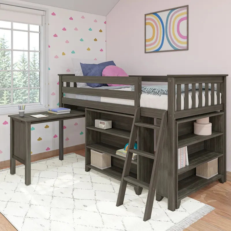 Twin Low Loft Bed with Pull-Out Desk and Two 3-Shelf Bookcases - Kids Solid Wood