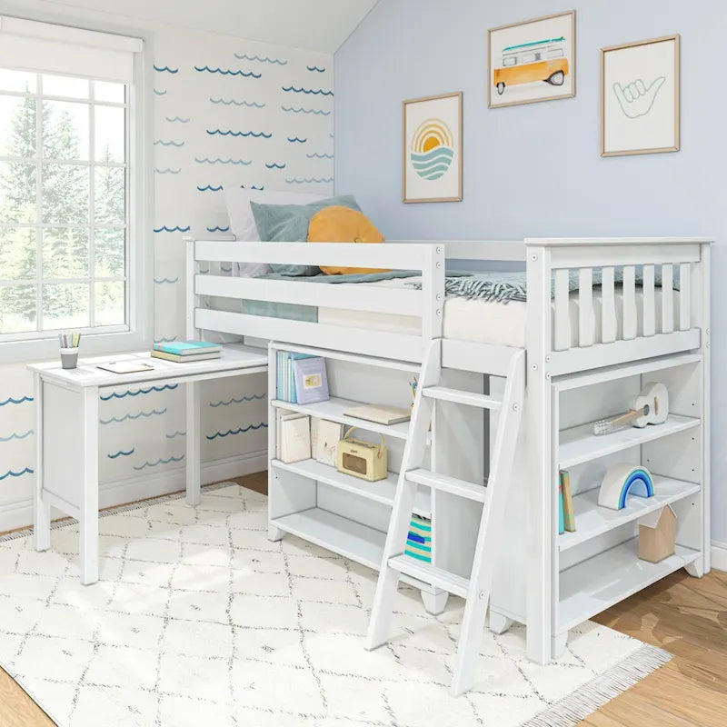 Twin Low Loft Bed with Pull-Out Desk and Two 3-Shelf Bookcases - Kids Solid Wood