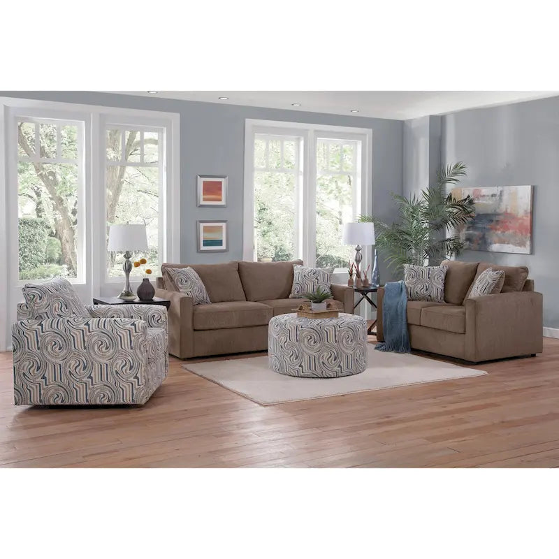 Latte Chenille Loveseat with Track Arms and Jacquard Accent Pillows