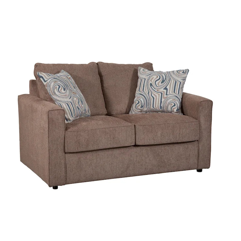 Chenille-Loveseat in Latte mit geraden Armlehnen und Jacquard-Akzentkissen