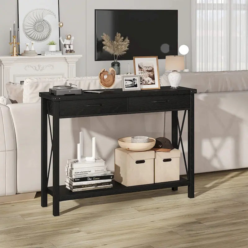 Farmhouse Console Table with 2 Drawers and Bottom Shelf - Metal X-Frame