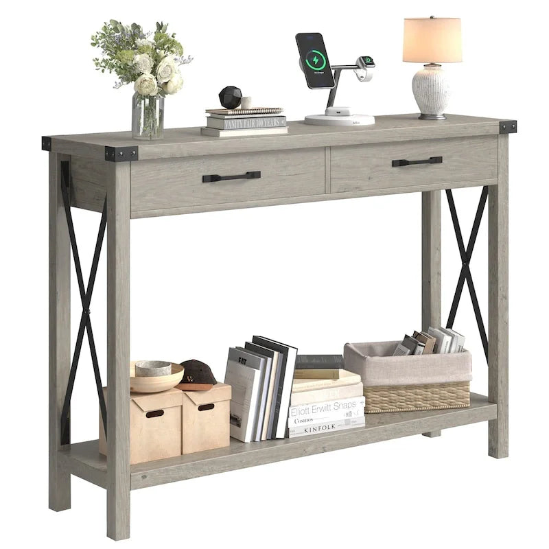 Farmhouse Console Table with 2 Drawers and Bottom Shelf - Metal X-Frame