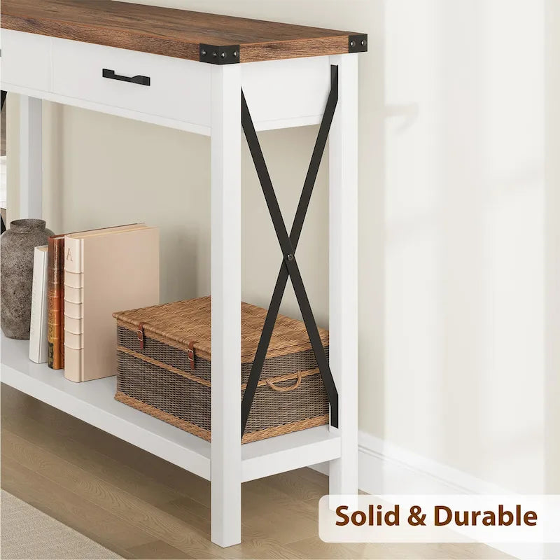 Farmhouse Console Table with 2 Drawers and Bottom Shelf - Metal X-Frame