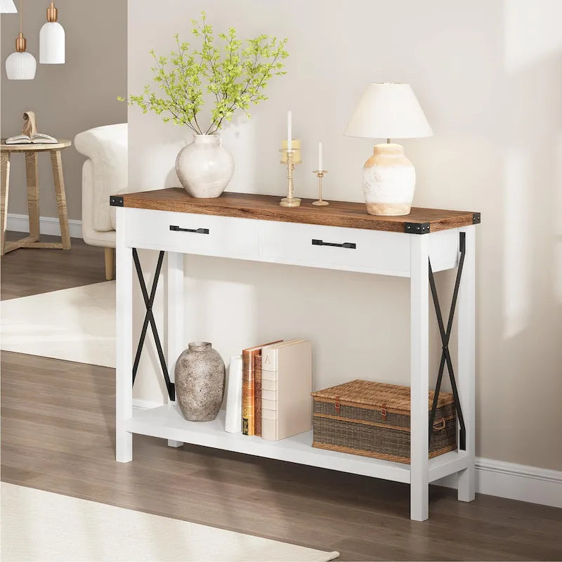 Farmhouse Console Table with 2 Drawers and Bottom Shelf - Metal X-Frame