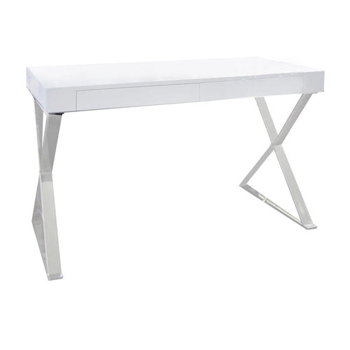 47-inch Modern Office Desk with 2 Drawers and Chrome X-Shape Steel Legs - White