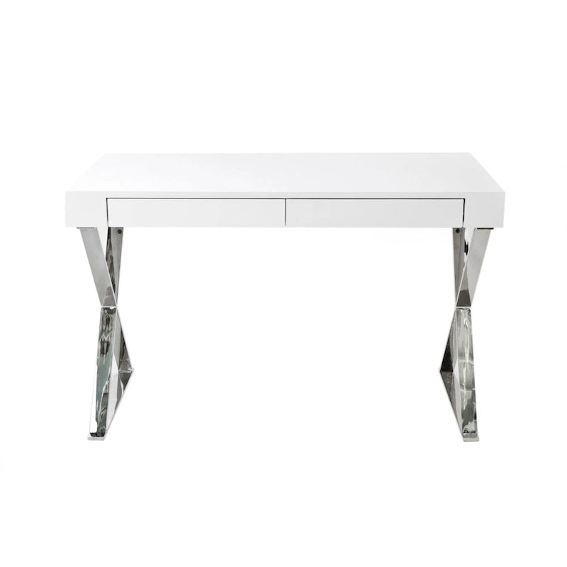 47-inch Modern Office Desk with 2 Drawers and Chrome X-Shape Steel Legs - White