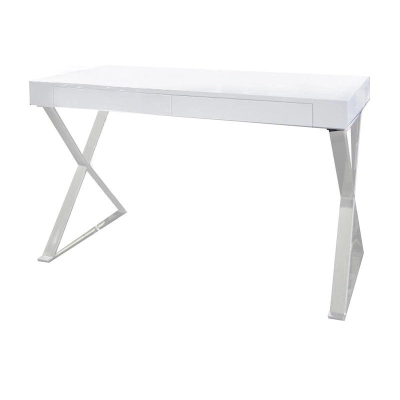 47-inch Modern Office Desk with 2 Drawers and Chrome X-Shape Steel Legs - White