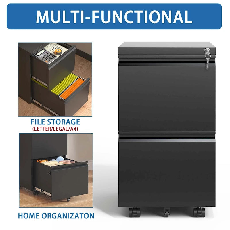 2-Drawer Rolling Metal File Cabinet with Lock - Fits Letter, Legal, A4